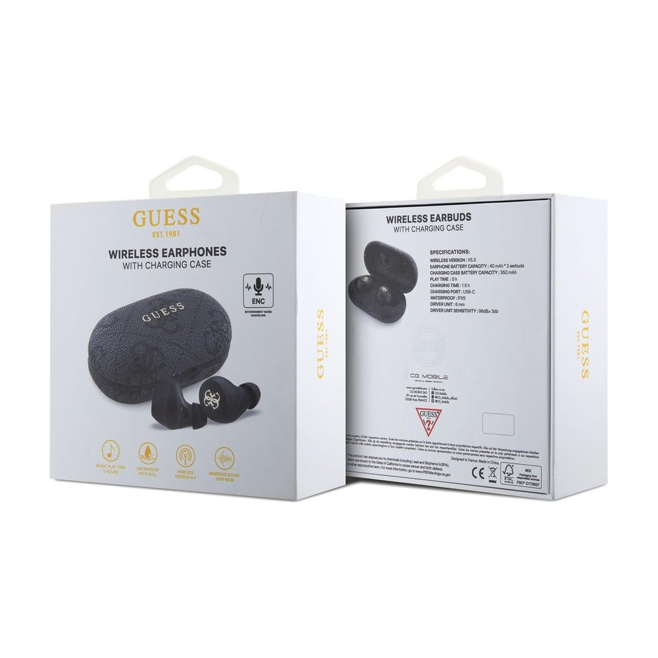 Empaque blanco de auriculares inalámbricos Guess con estuche negro, auriculares y especificaciones técnicas atrás.