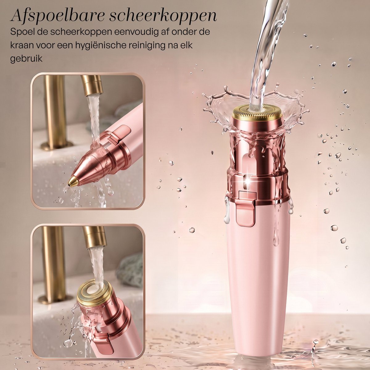 Épilateur rose rincé sous l'eau courante avec deux vues détaillées.