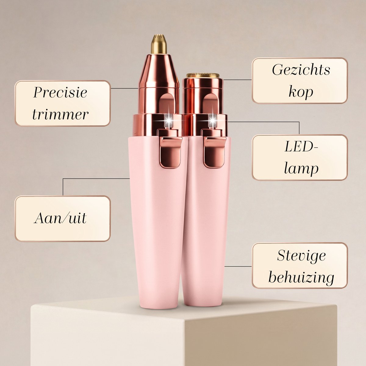 Tondeuse visage rose et or rose avec lumière LED et divers accessoires.