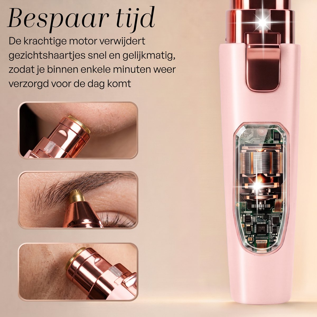 Un épilateur facial rose avec corps transparent montrant son moteur, et trois photos d'application.