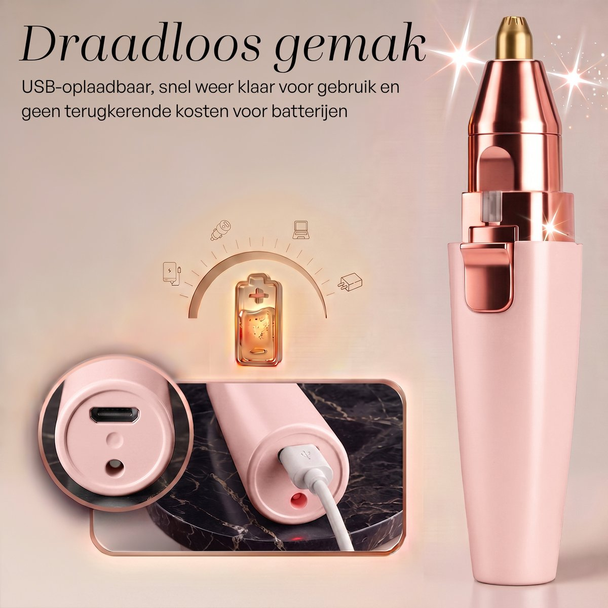 Une tondeuse à poils faciaux rose et or rose rechargeable par USB avec gros plan du port.