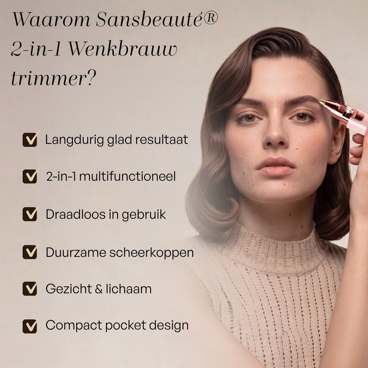 Une femme taille ses sourcils avec un appareil rose, entourée de texte sur les avantages.