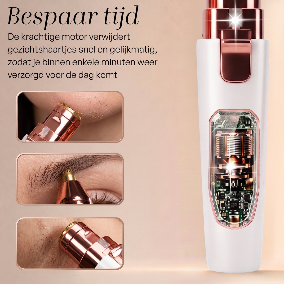 A white and rose gold hair remover with a visible inner circuit, Dutch text on top left, and three usage images on the left.