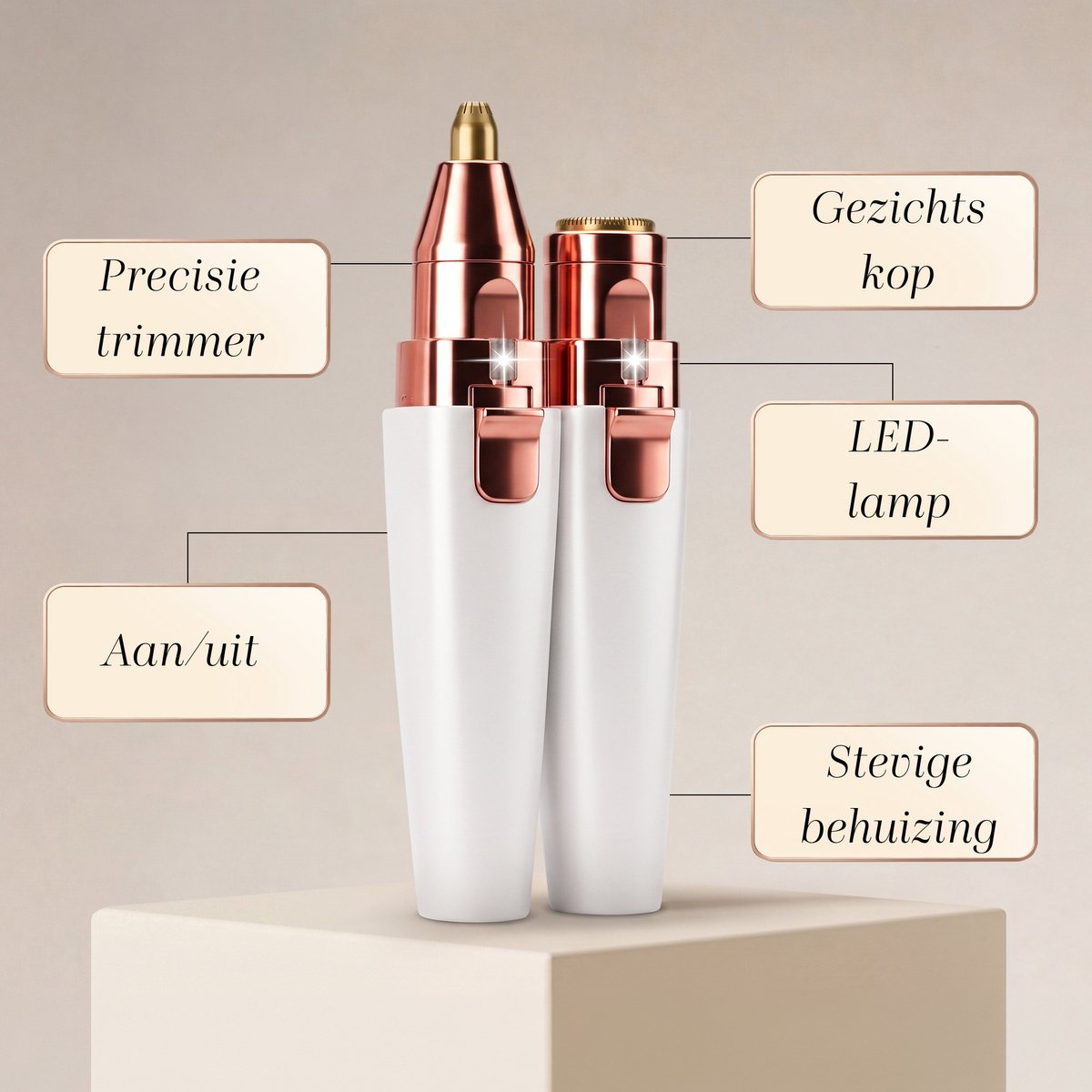 A white and rose gold hair trimmer with interchangeable heads and LED light on a pedestal.