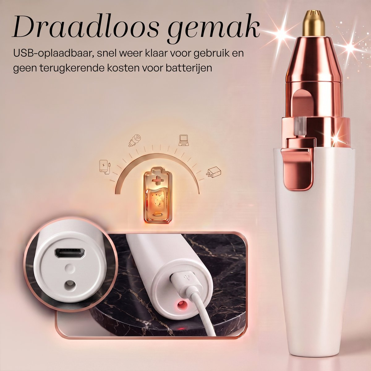 A white and gold USB-rechargeable hair trimmer with a charging indicator and cable on a table.