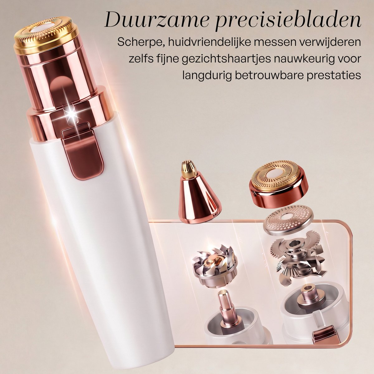 A white and rose gold facial hair remover showing disassembled parts and Dutch text.