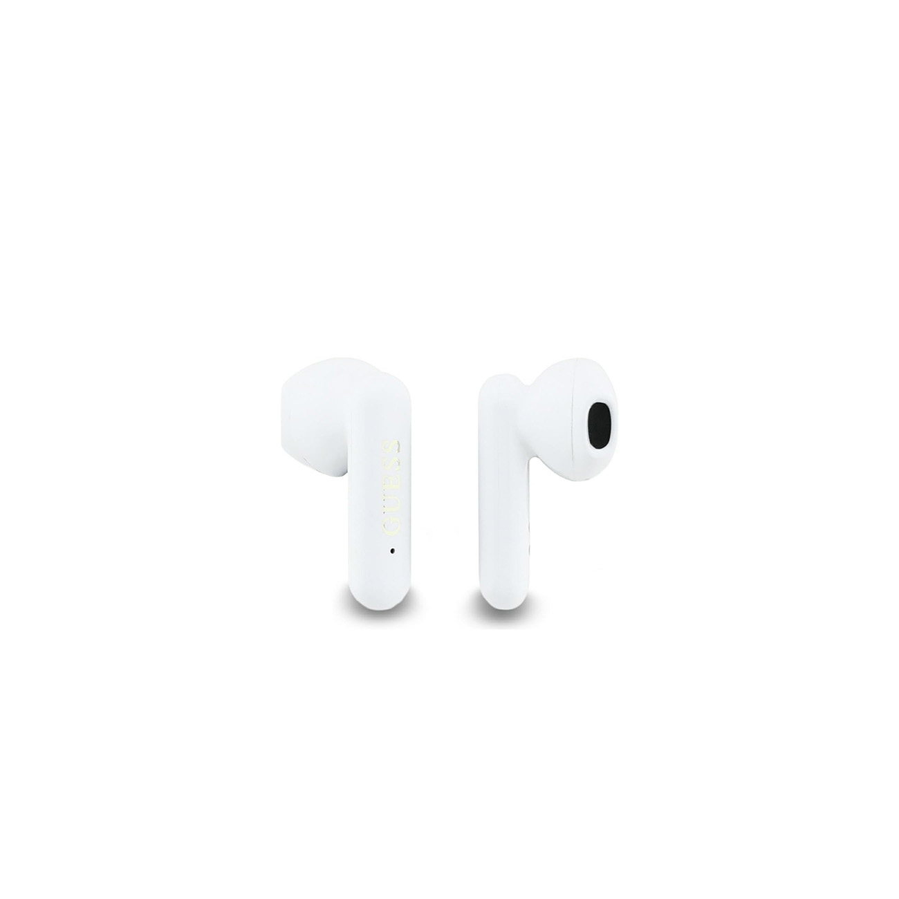 Dos auriculares inalámbricos blancos con texto dorado sobre fondo blanco.