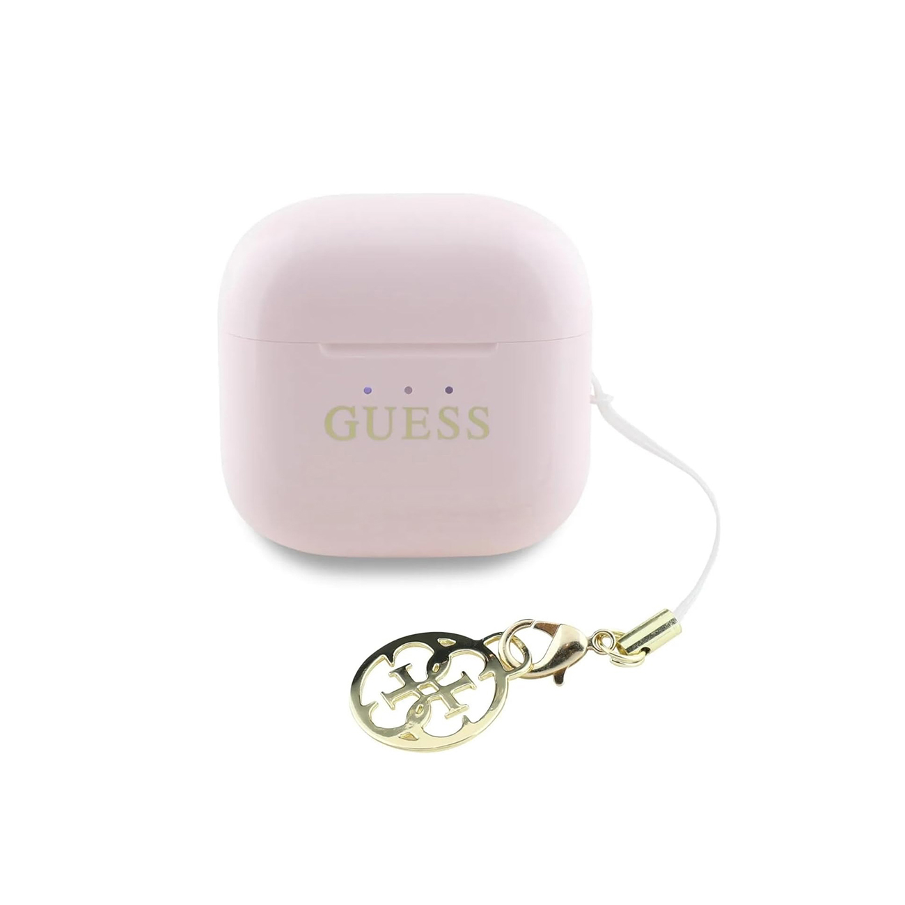Un estuche para AirPods Guess rosa pálido con logotipo dorado y un colgante dorado de la marca sobre fondo blanco.