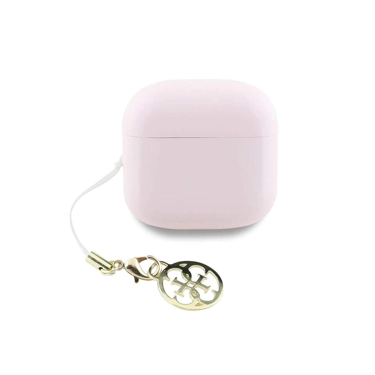 Funda rosa para auriculares inalámbricos con cordón blanco y dije dorado.