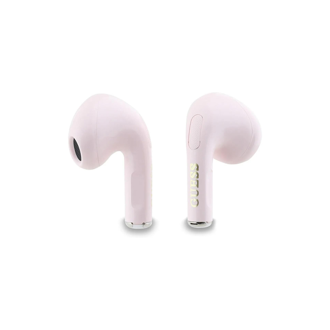 Dos auriculares inalámbricos intrauditivos de color rosa claro con letras doradas sobre fondo blanco.