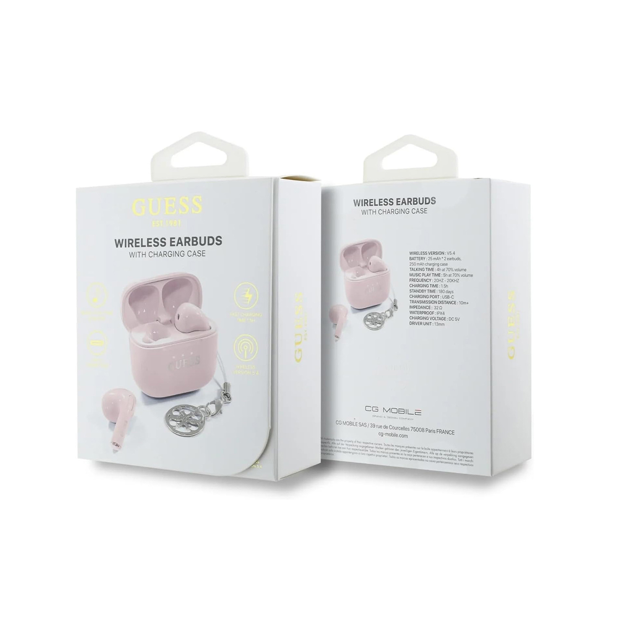 Empaque blanco para auriculares inalambricos Guess rosas con estuche de carga y dije sobre fondo blanco.