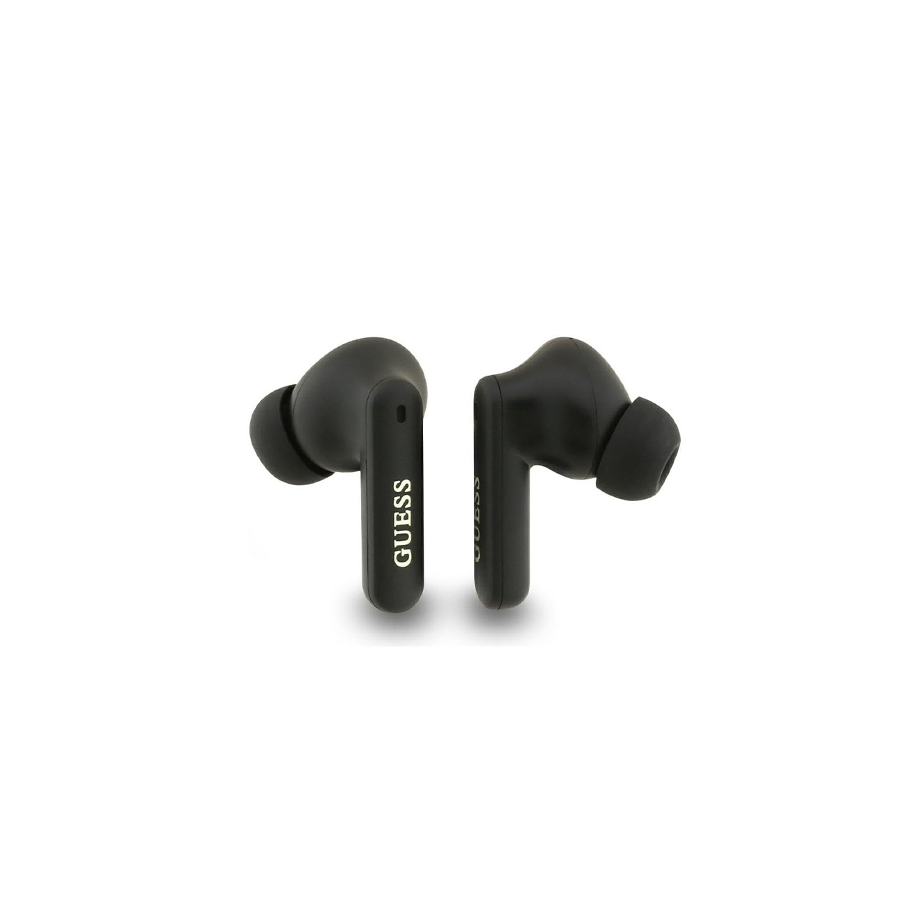 Auriculares inalambricos Guess negros con logotipo dorado sobre fondo blanco.