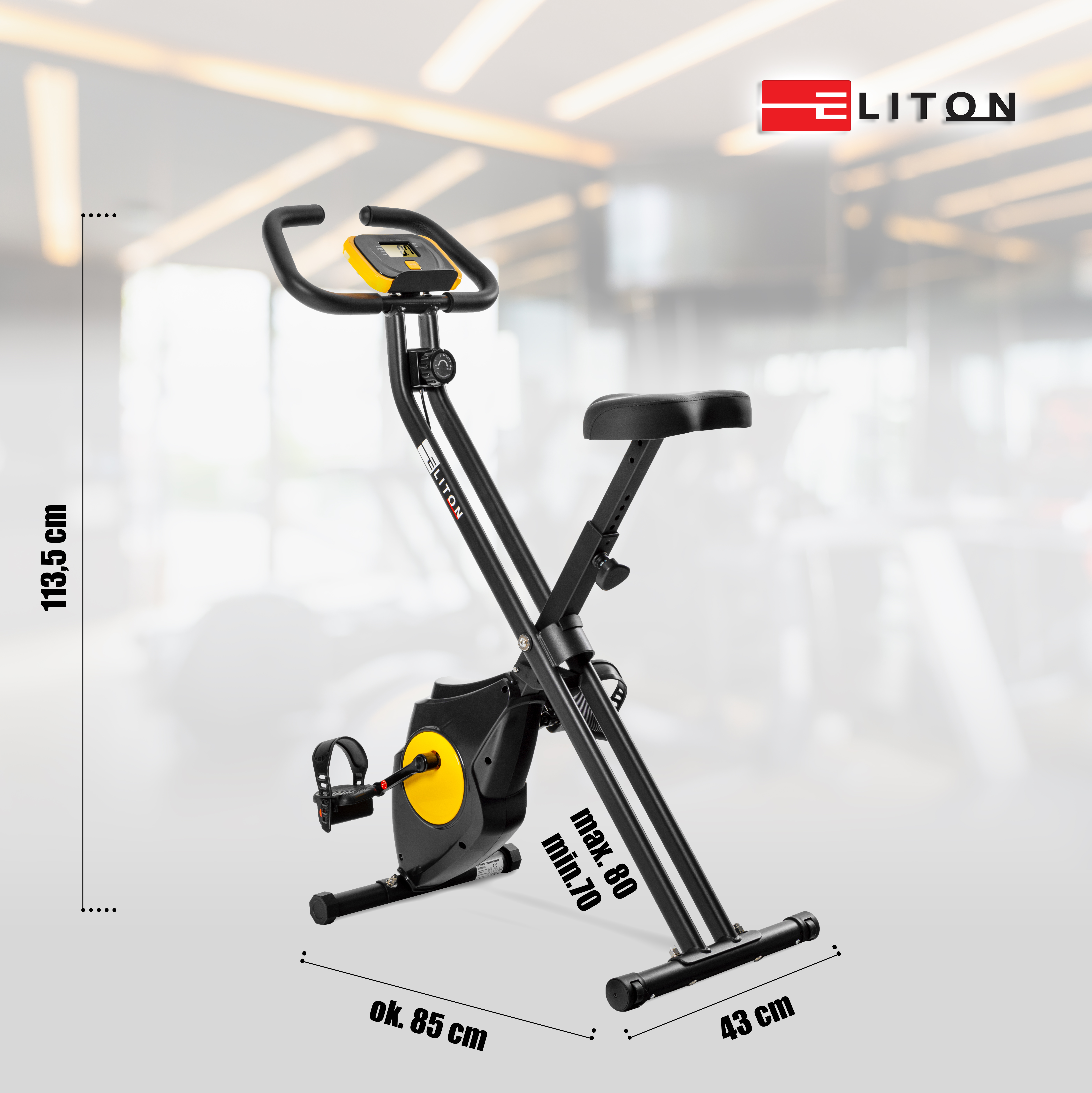 Czarny rower stacjonarny Eliton z żółtymi akcentami i wymiarami na jasnym tle.