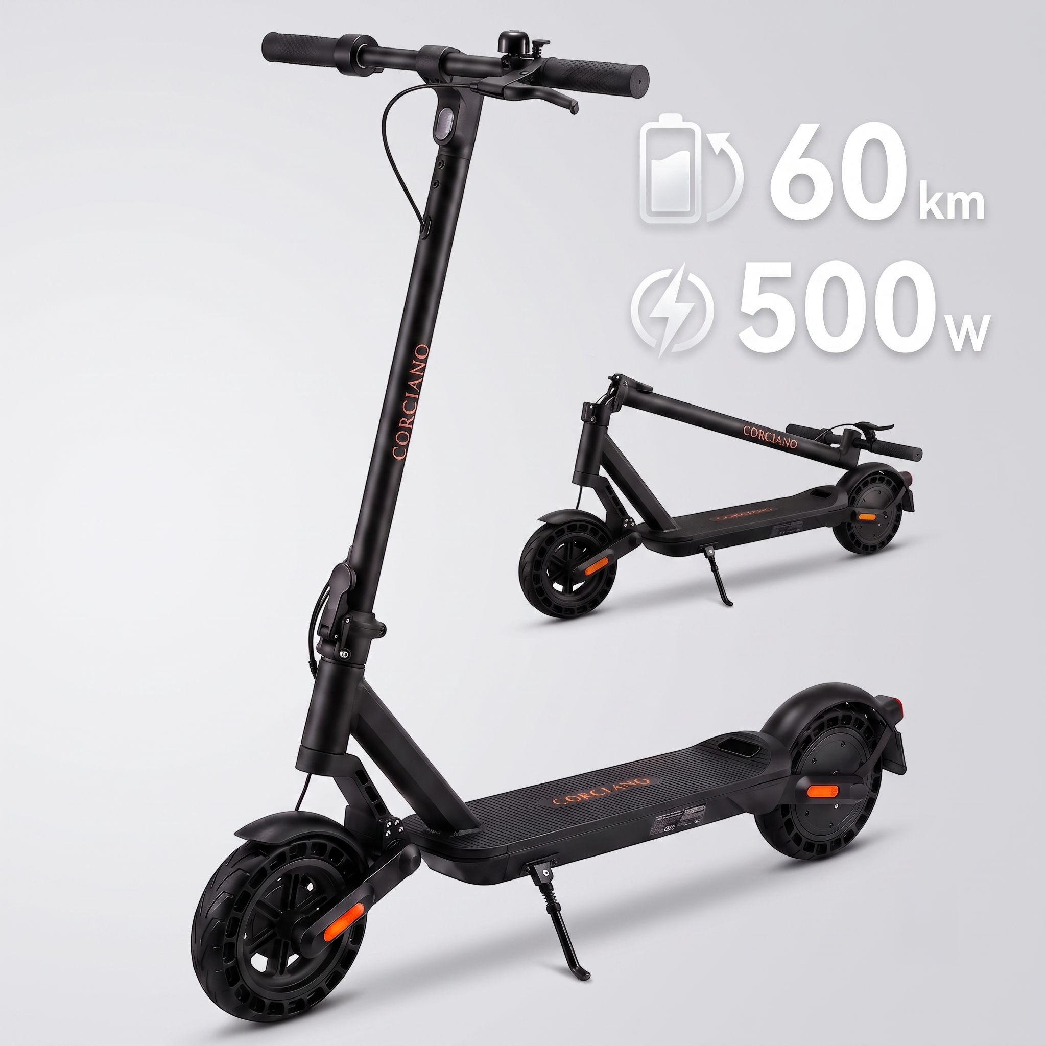 Czarna hulajnoga elektryczna na szarym tle, pokazana w złożeniu i rozłożeniu, o zasięgu 60 km i mocy 500W.