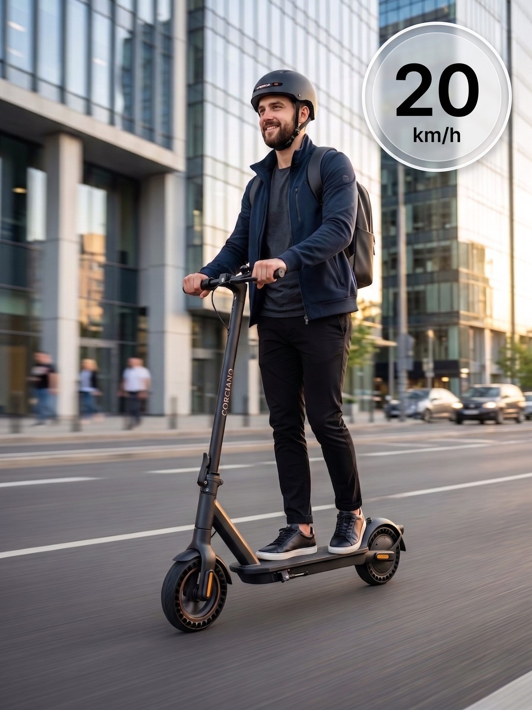 Mężczyzna w kasku jedzie hulajnogą elektryczną po ulicy z ograniczeniem do 20 km/h.