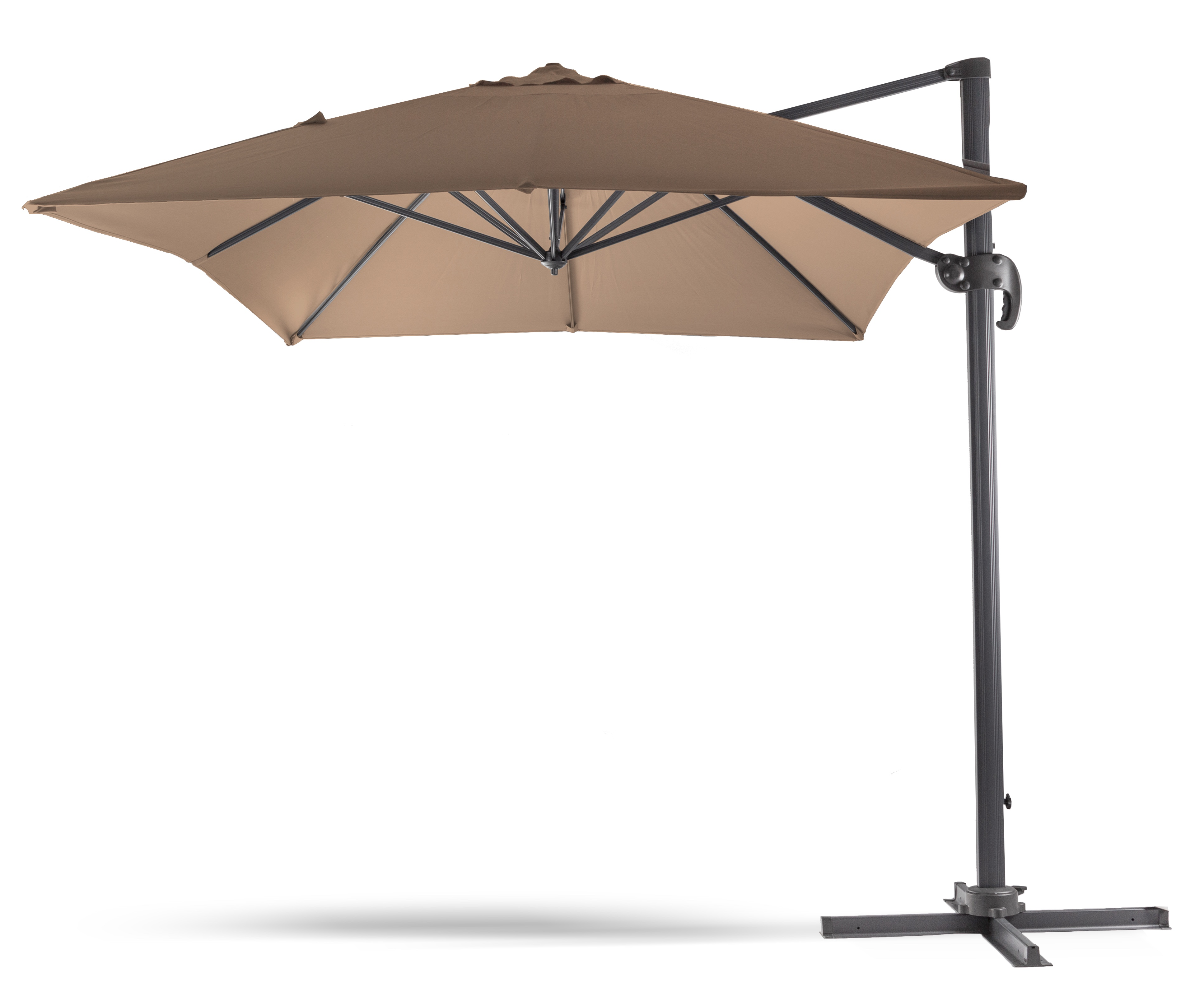 Brązowy parasol ogrodowy z czarnym stelażem na białym tle.