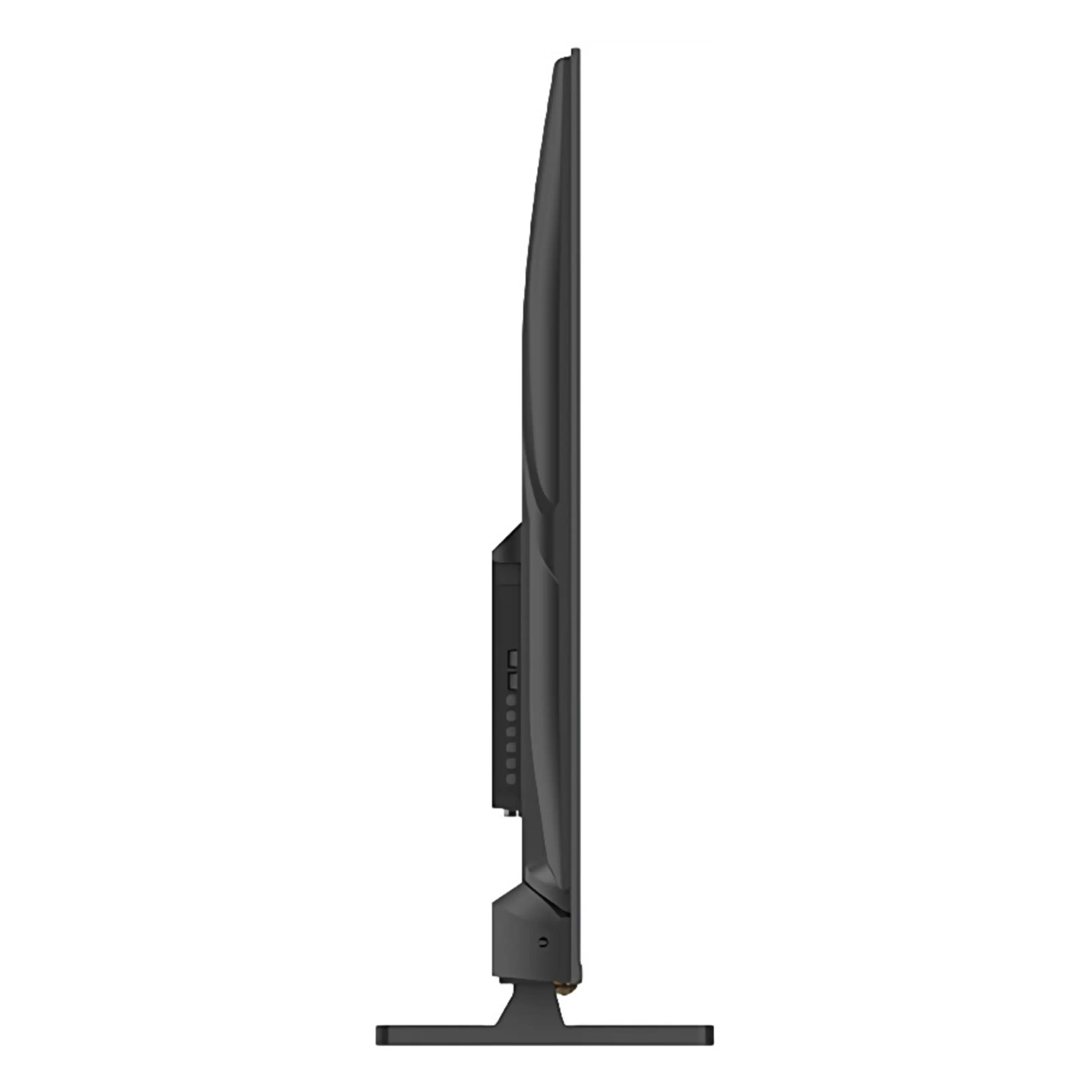 Vue latérale d'un téléviseur noir mince avec un pied sur fond blanc.