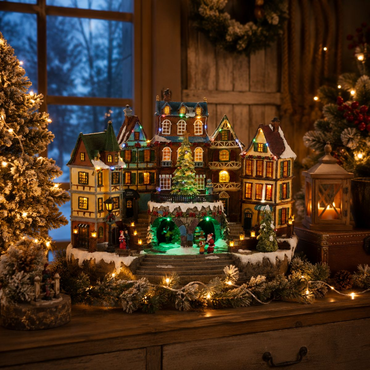 Modèle de village de Noël illuminé avec de la neige, des sapins et des figurines sur une table en bois.