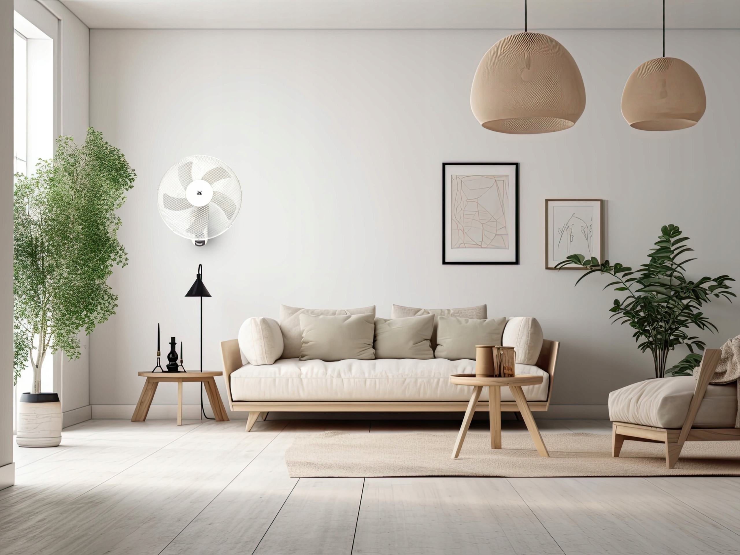 Jasny, nowoczesny salon z białą sofą, wiszącymi lampami, roślinami i drewnianymi meblami.