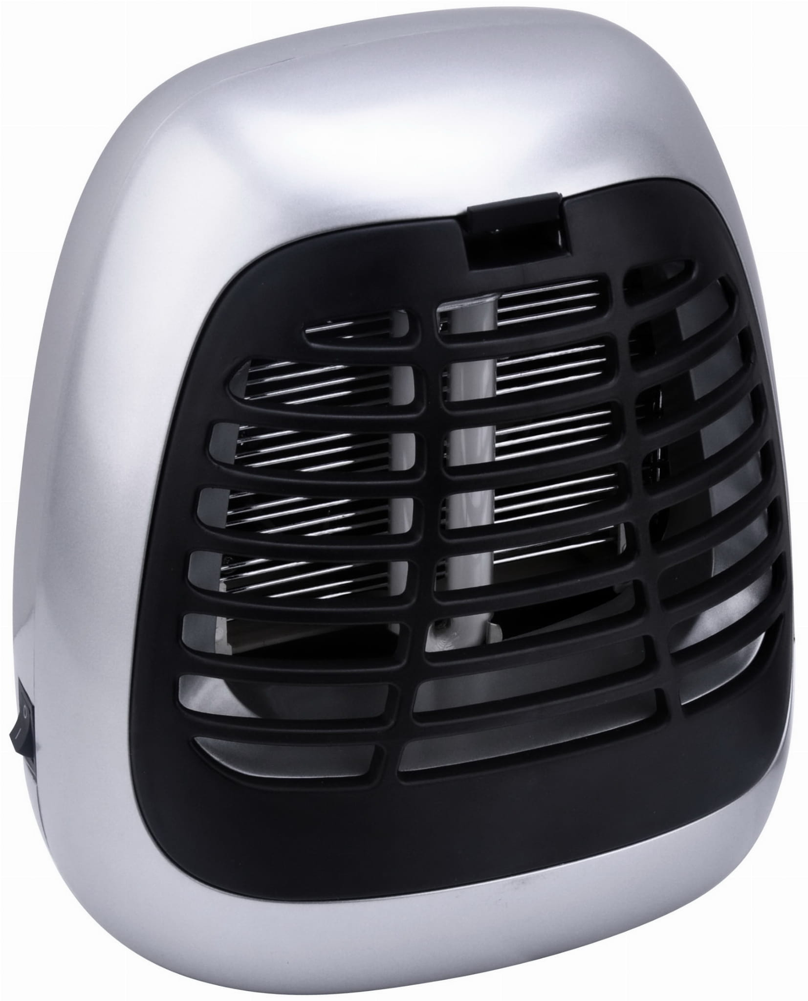 Srebrny mini termowentylator z czarną kratką przednią i elementami grzejnymi.
