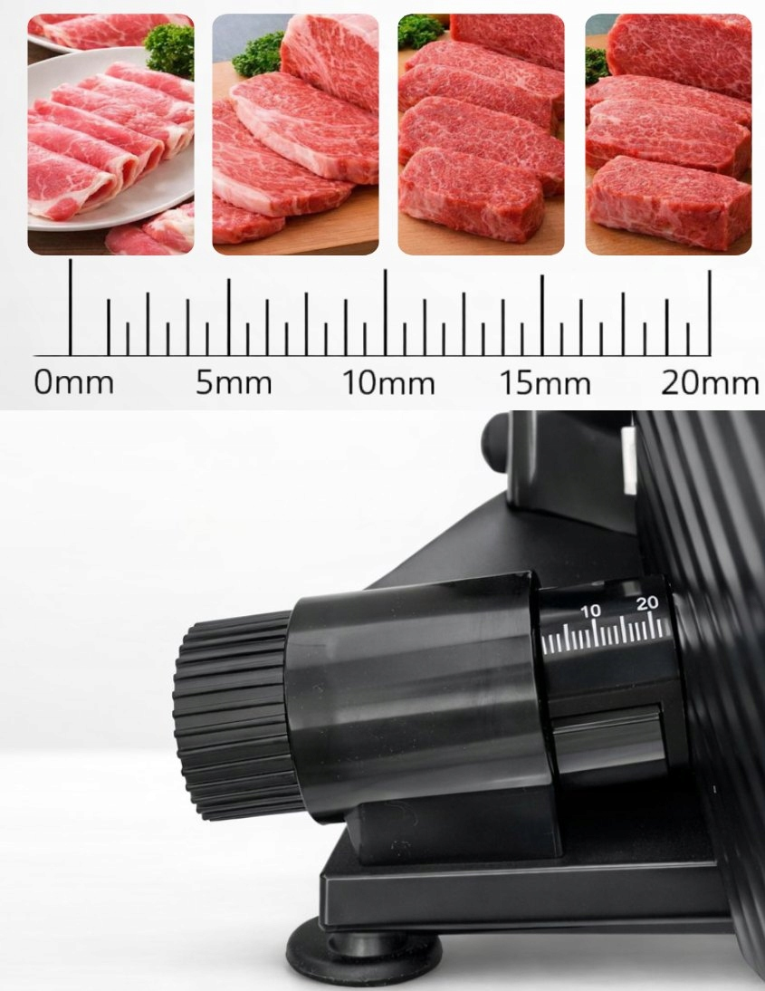 Krajarka do mięsa z pokrętłem regulacji pokazującym grubości od 0 mm do 20 mm.