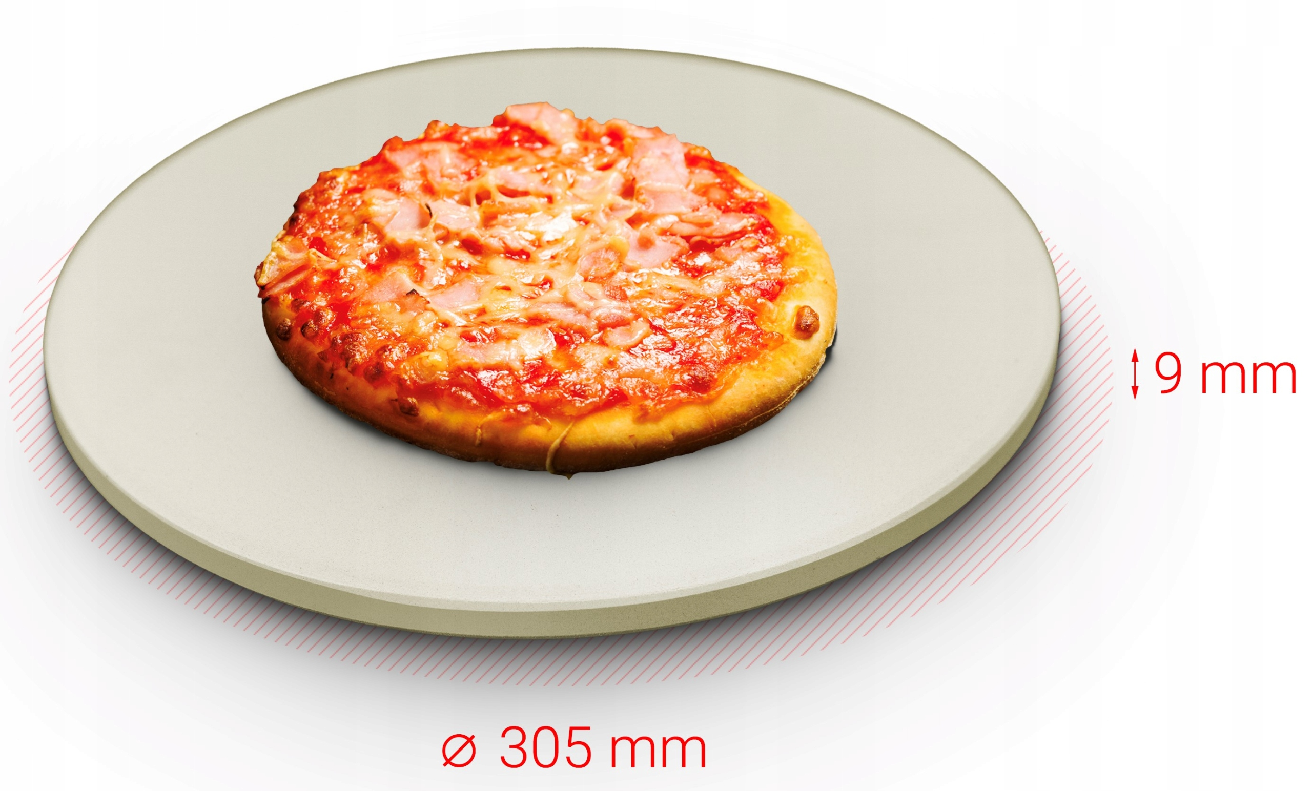 Mała pizza na okrągłym, szarym kamieniu do pizzy o średnicy 305 mm i grubości 9 mm.
