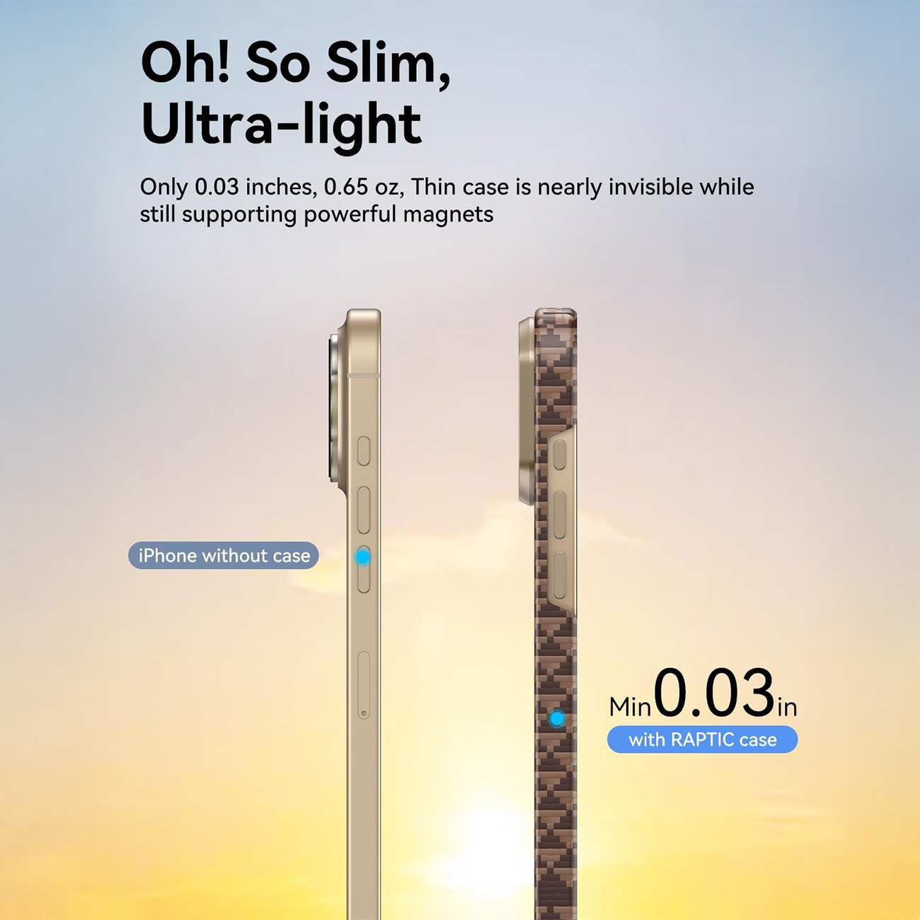 Comparación de un teléfono sin funda y otro con una funda fina de 0.03 pulgadas.