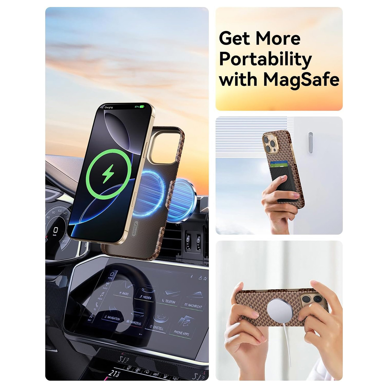 Soporte para teléfono MagSafe en el coche, con funda y cargador inalámbrico.
