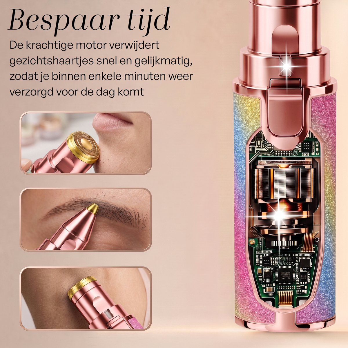 Épilateur brillant en or rose avec vue sur le moteur interne et trois encarts d'utilisation.