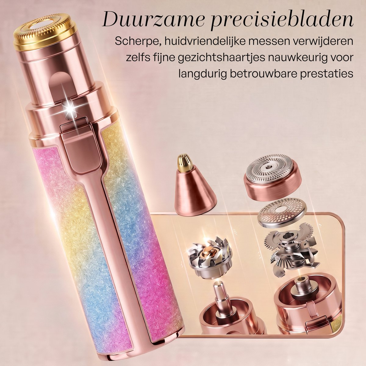 Épilateur en or rose avec têtes interchangeables et manche pailleté sur fond clair.
