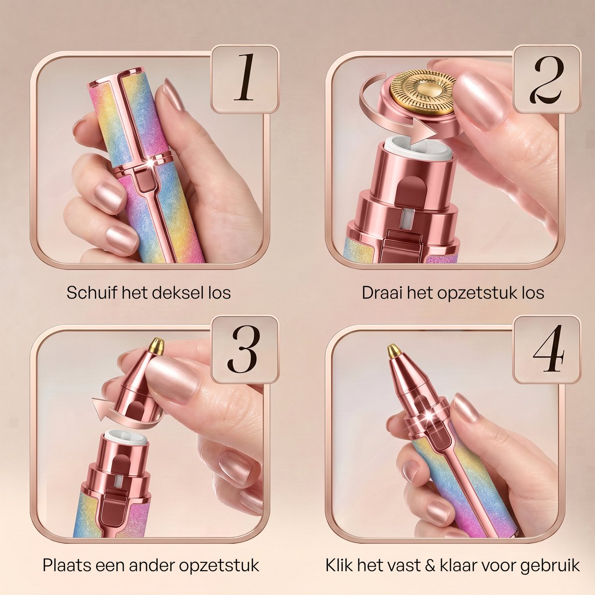 Guide en quatre étapes montrant comment changer les têtes d'un épilateur à paillettes.