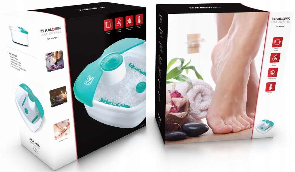 Opakowanie masażera do stóp Kalorik Home Essentials ze zdjęciami produktu i grafiką o tematyce spa.