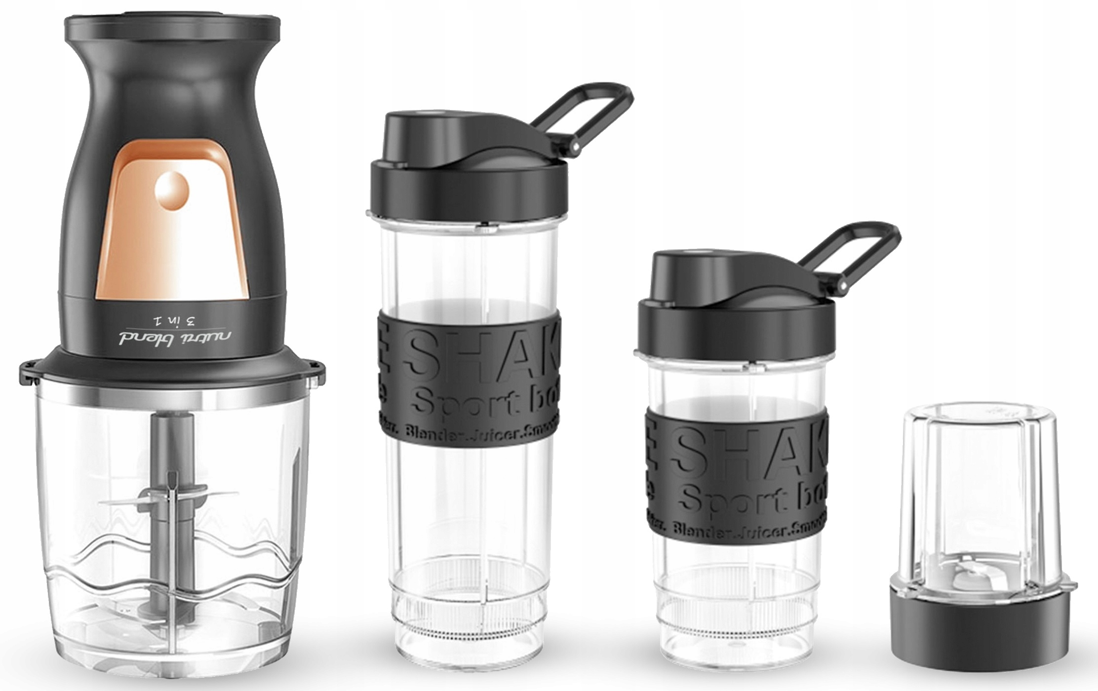 Czarny blender Nutri-Blend z misą siekającą, dwoma bidonami sportowymi i małym kubkiem mielącym.