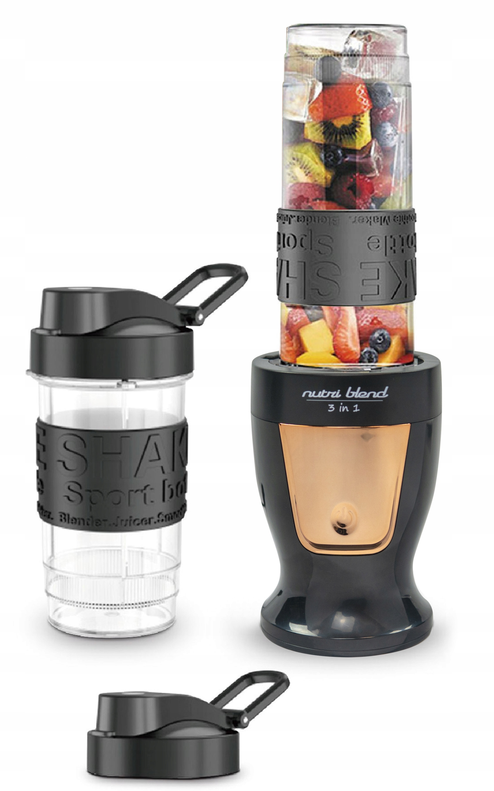 Czarny blender osobisty Nutri Blend 3 w 1 z kubkiem pełnym owoców i dodatkowym bidonem.