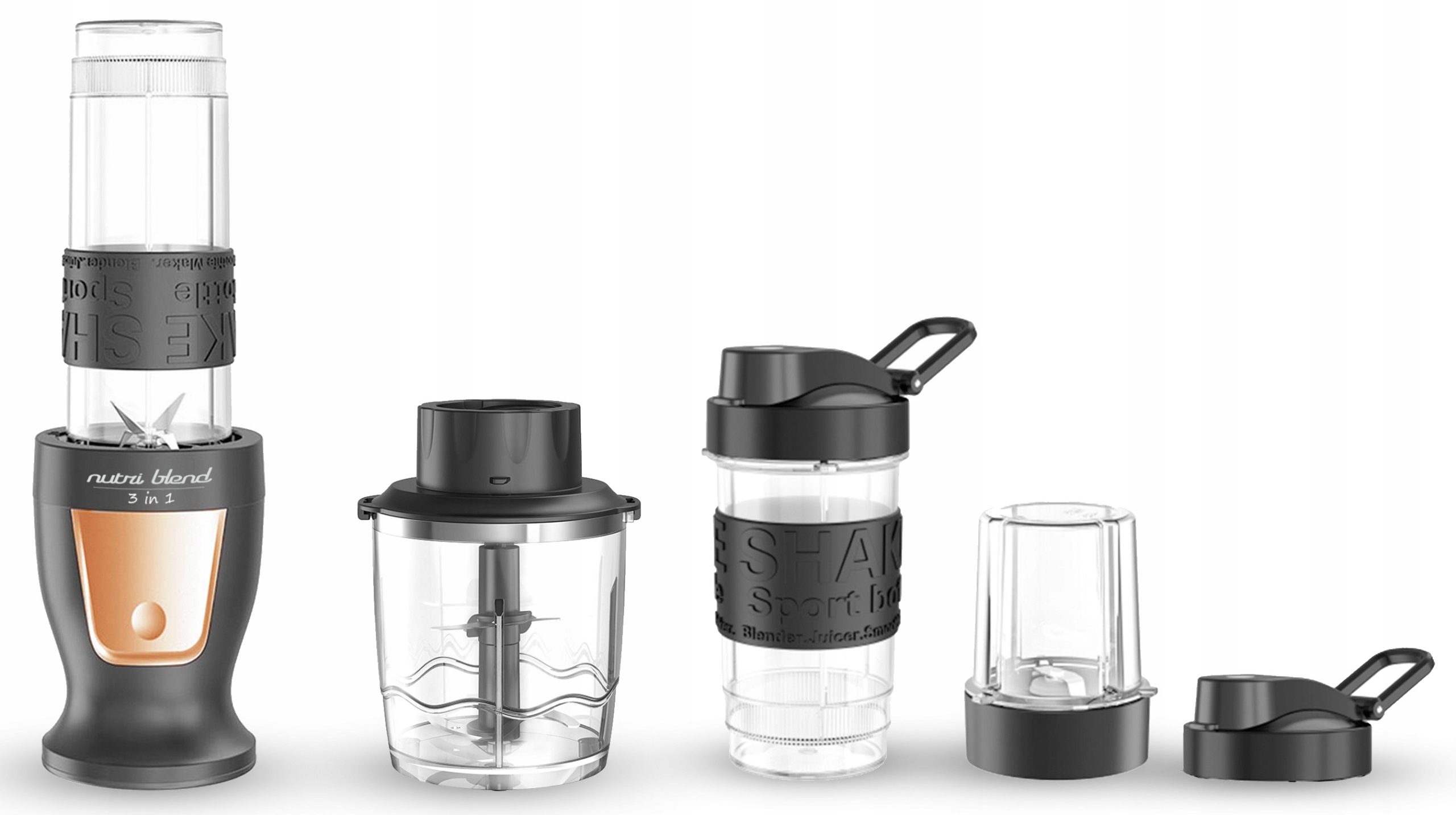 Czarny blender Nutri Blend 3 w 1 z akcesoriami na białym tle.