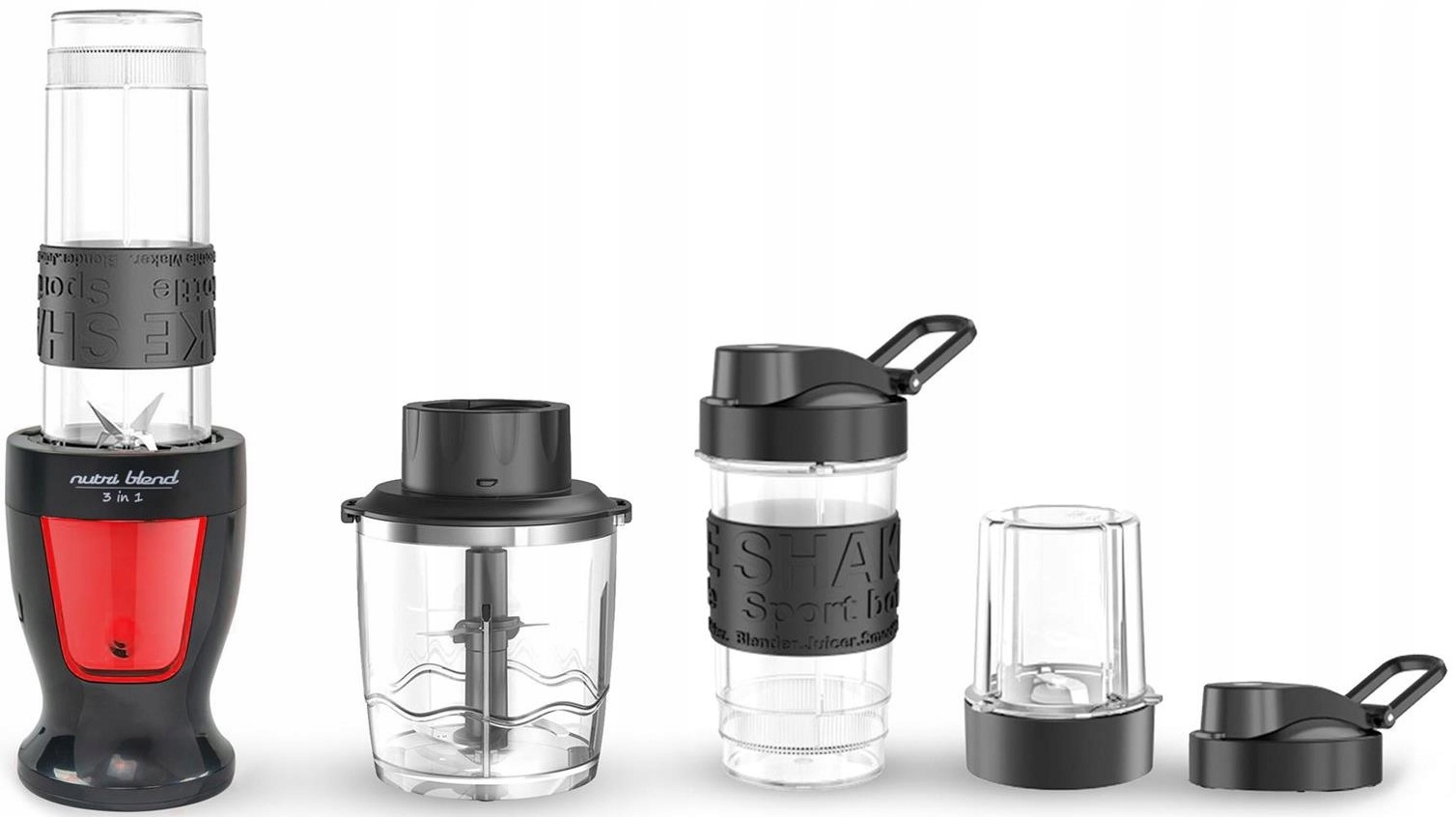 Czarno-czerwony blender Nutri Blend z dodatkowymi kubkami, ostrzami i pokrywkami.