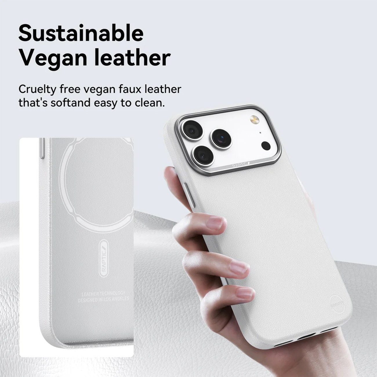Una mano sostiene una funda de teléfono de cuero vegano blanco con texto sobre cuero sostenible.