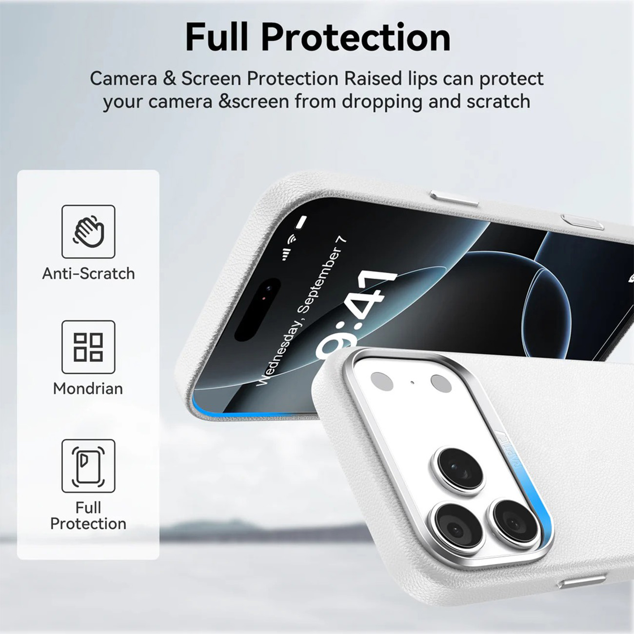 Imagen promocional que muestra una funda blanca con protección de cámara y texto.
