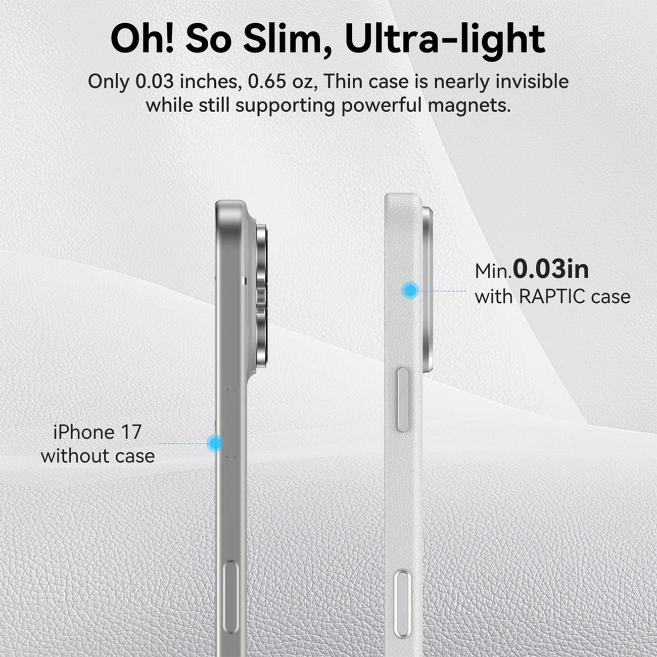 Comparación de un iPhone sin funda y con una funda muy fina sobre fondo claro.