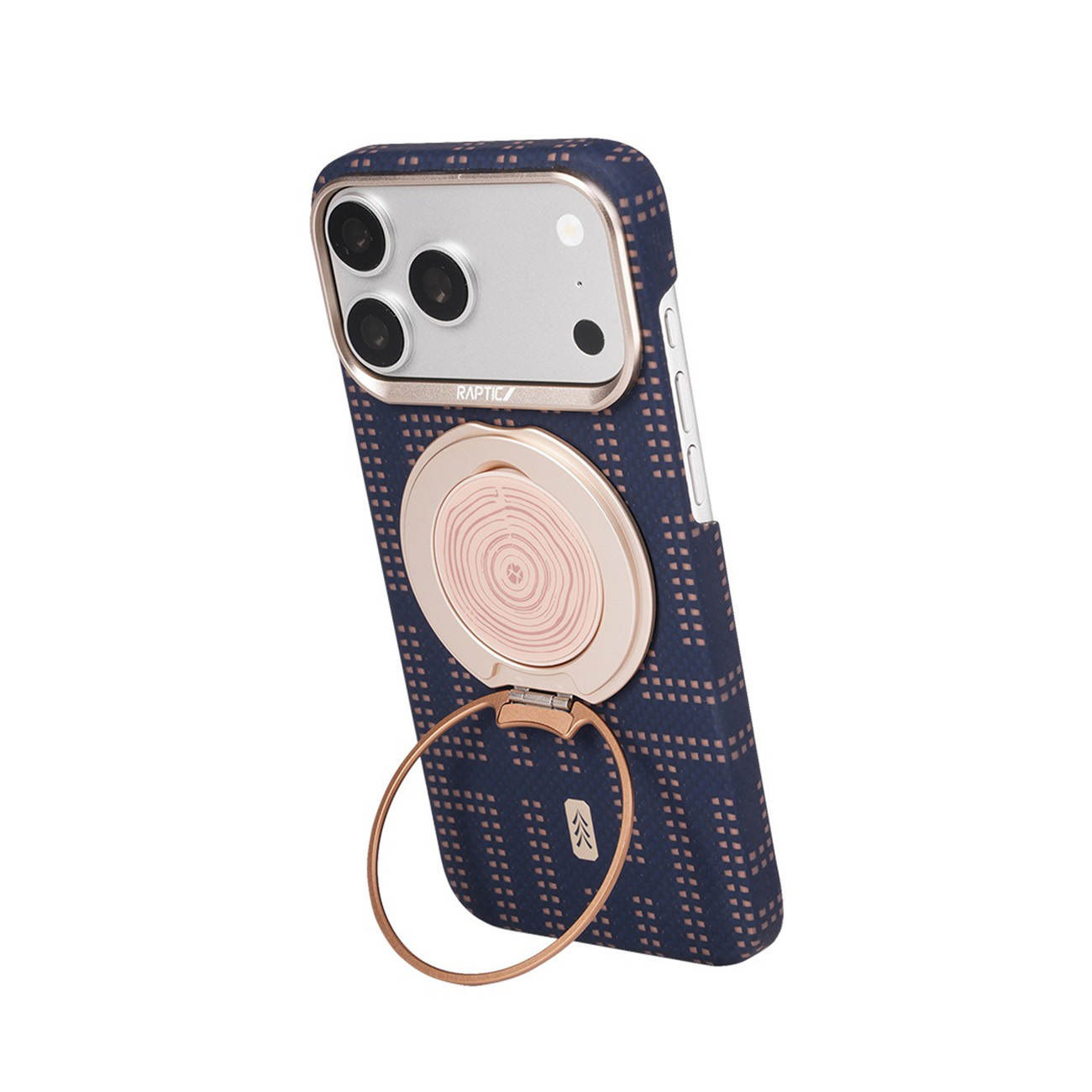 Un teléfono con funda azul y rosa, y un soporte de anillo dorado redondo en la parte trasera sobre fondo blanco.