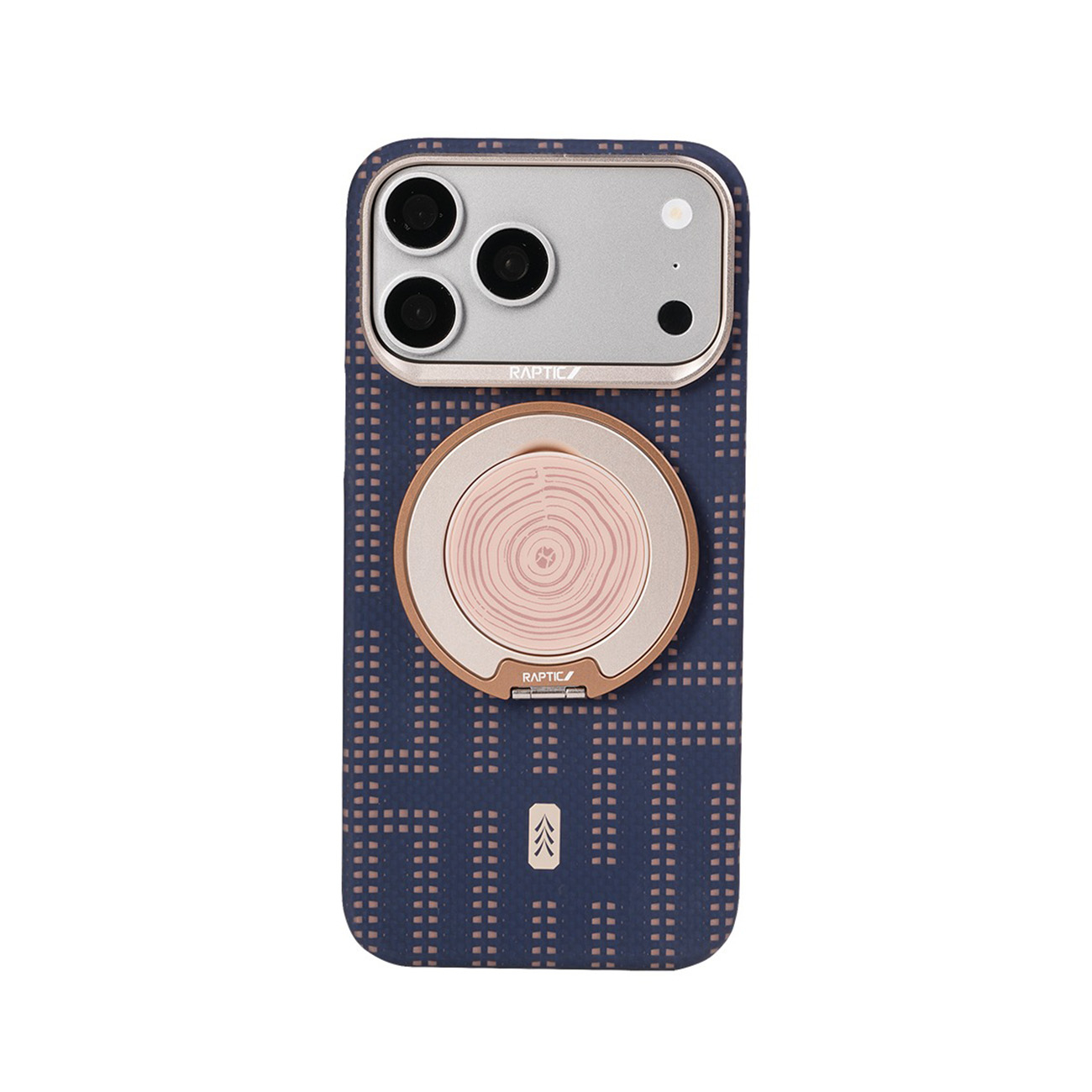 Una funda de teléfono azul oscuro con un anillo y marco de cámara en oro rosa sobre fondo blanco.