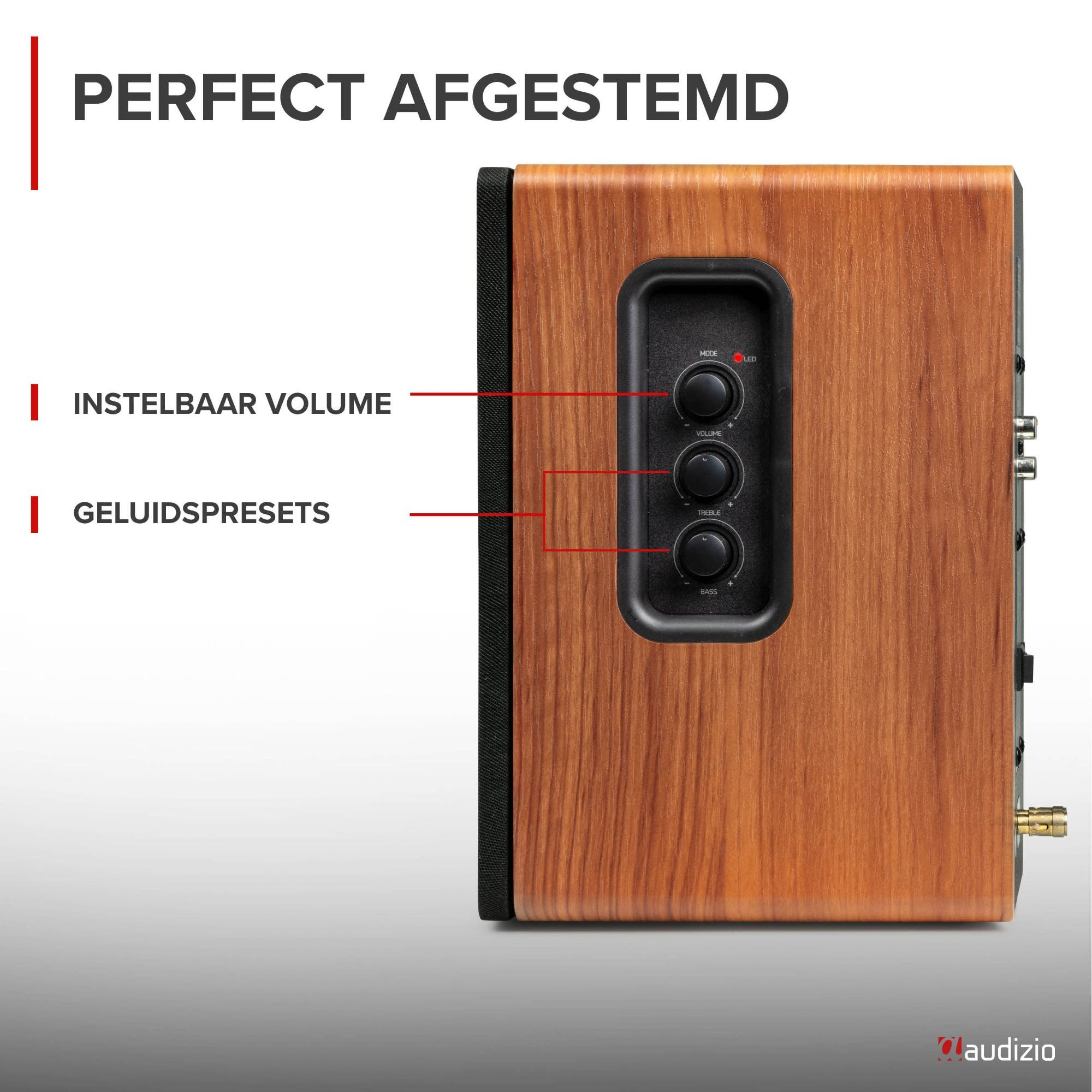 Altavoz con acabado de madera, perillas de volumen, agudos y graves, y texto en holandés.