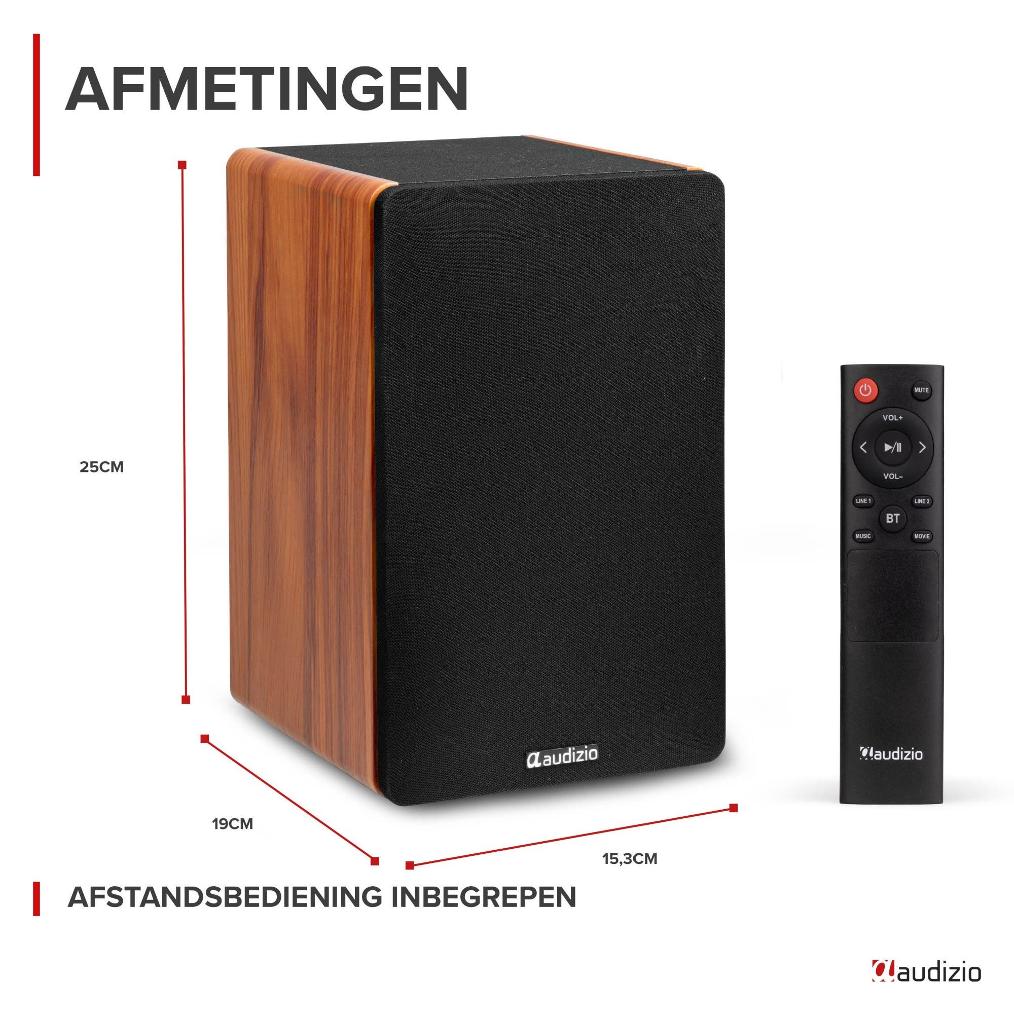 Altavoz Audizio con acabado de madera, control remoto y medidas.