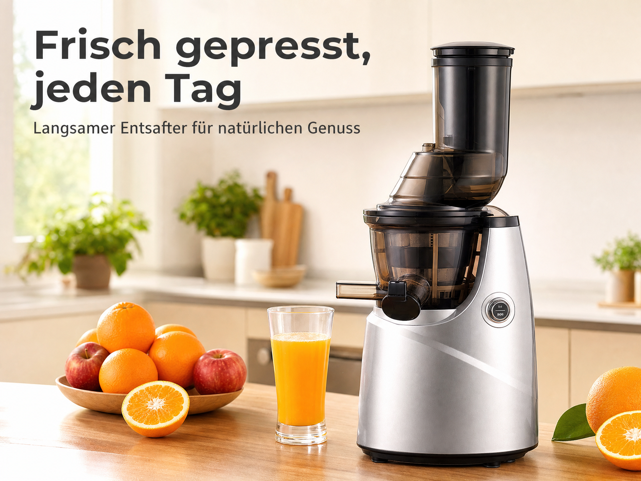Ein silberner Entsafter auf einem Holztisch mit einem Glas Saft und einer Schüssel frischer Orangen und Äpfel.