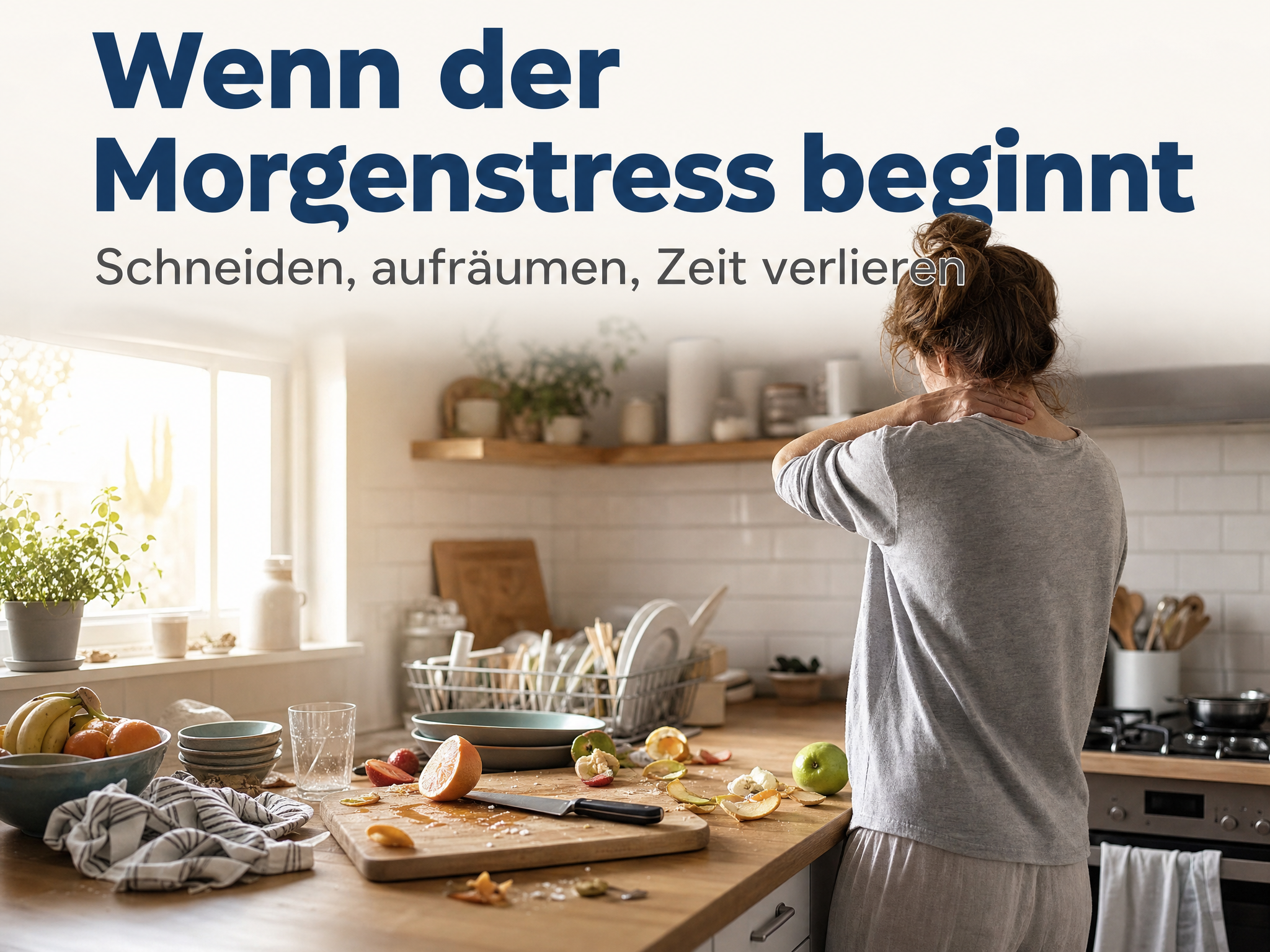 Frau in der Küche hält ihren Nacken vor Stress, mit Lebensmitteln und Geschirr auf der Theke.