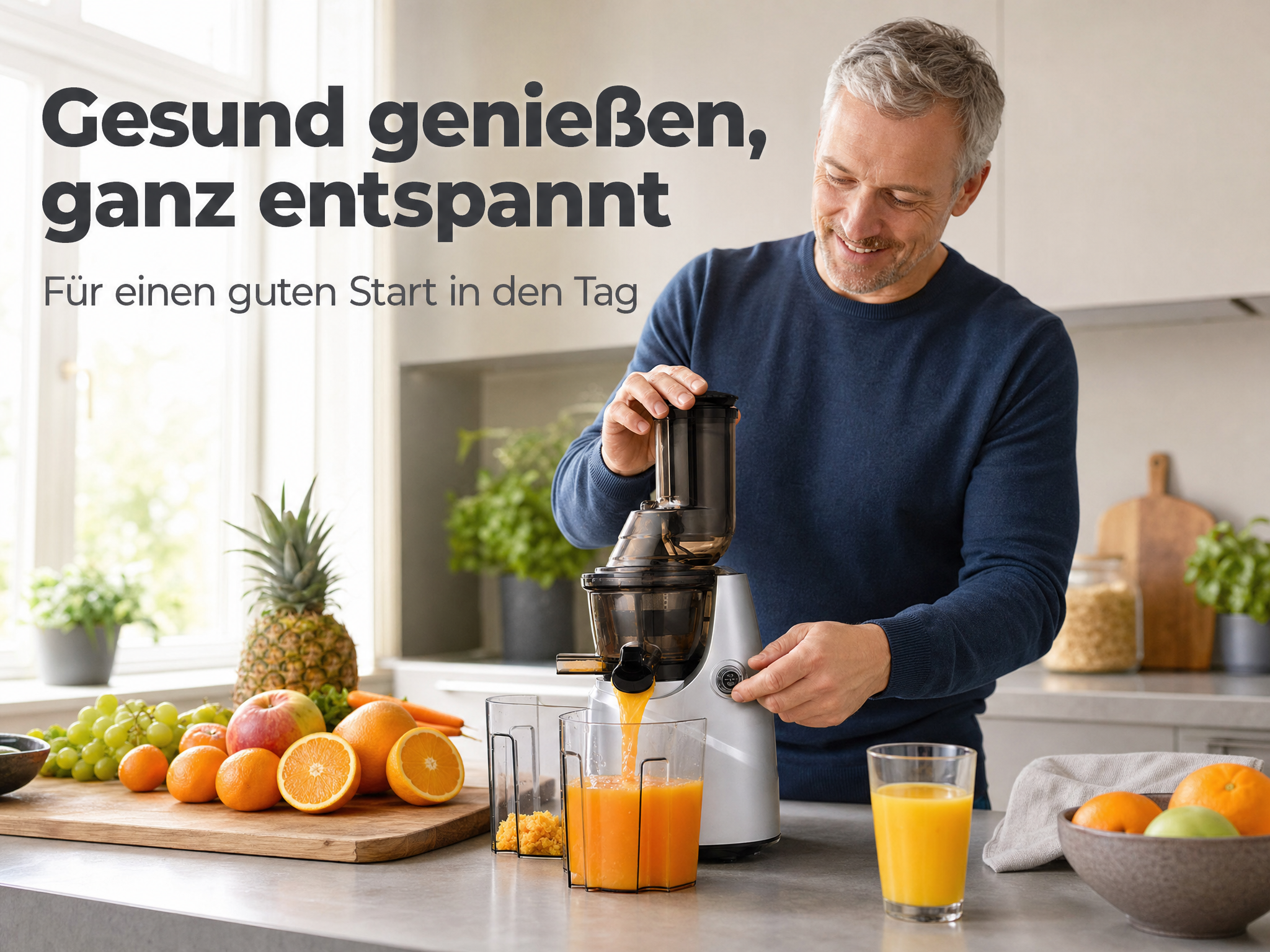 Ein Mann macht frischen Orangensaft in einer Küche, mit Obst im Vordergrund und Textüberlagerung.