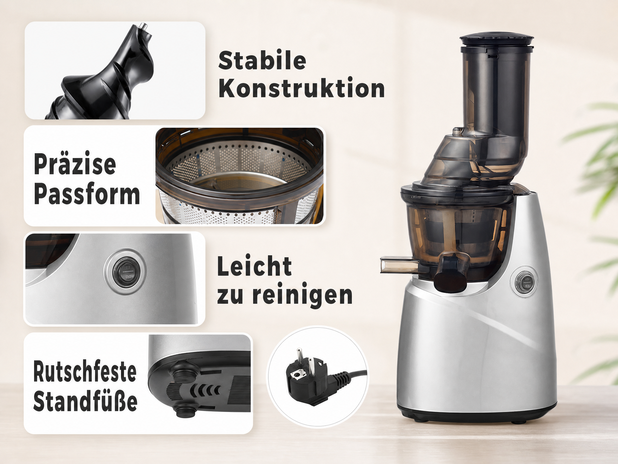 Silberner Entsafter mit Details zu stabiler Konstruktion, Filter, Schalter, Füßen und Stecker.
