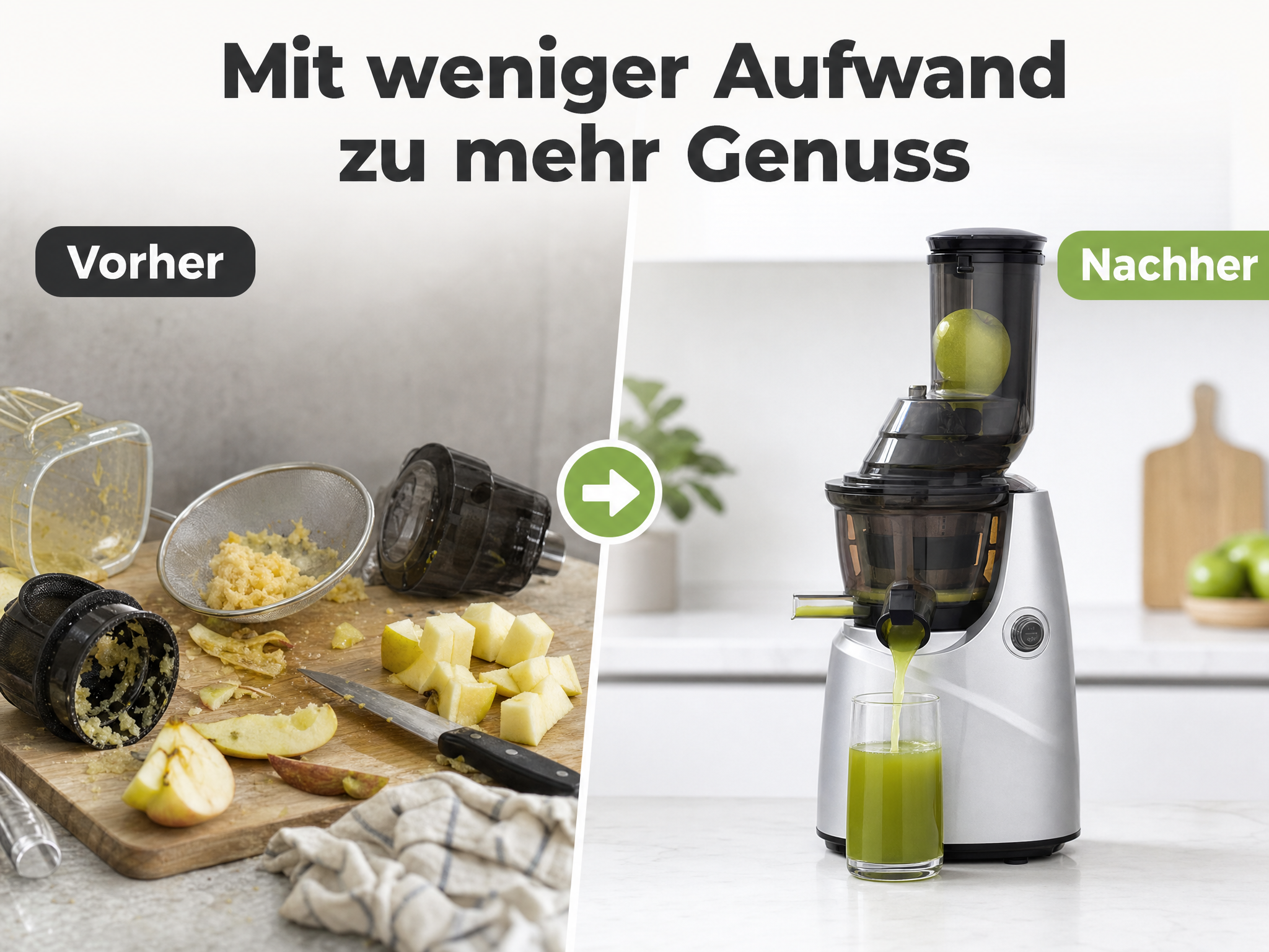 Vorher-Nachher-Vergleich: Von chaotischem Apfelschneiden zum effizienten Entsaften mit einer modernen Maschine.