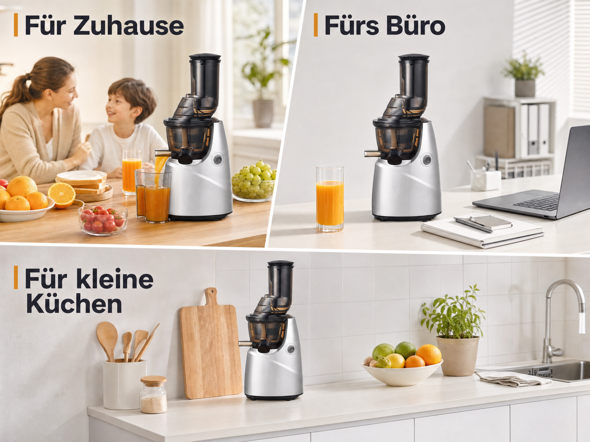 Eine graue Saftpresse, gezeigt in drei verschiedenen Nutzungsszenarien für Zuhause, Büro und kleine Küchen.