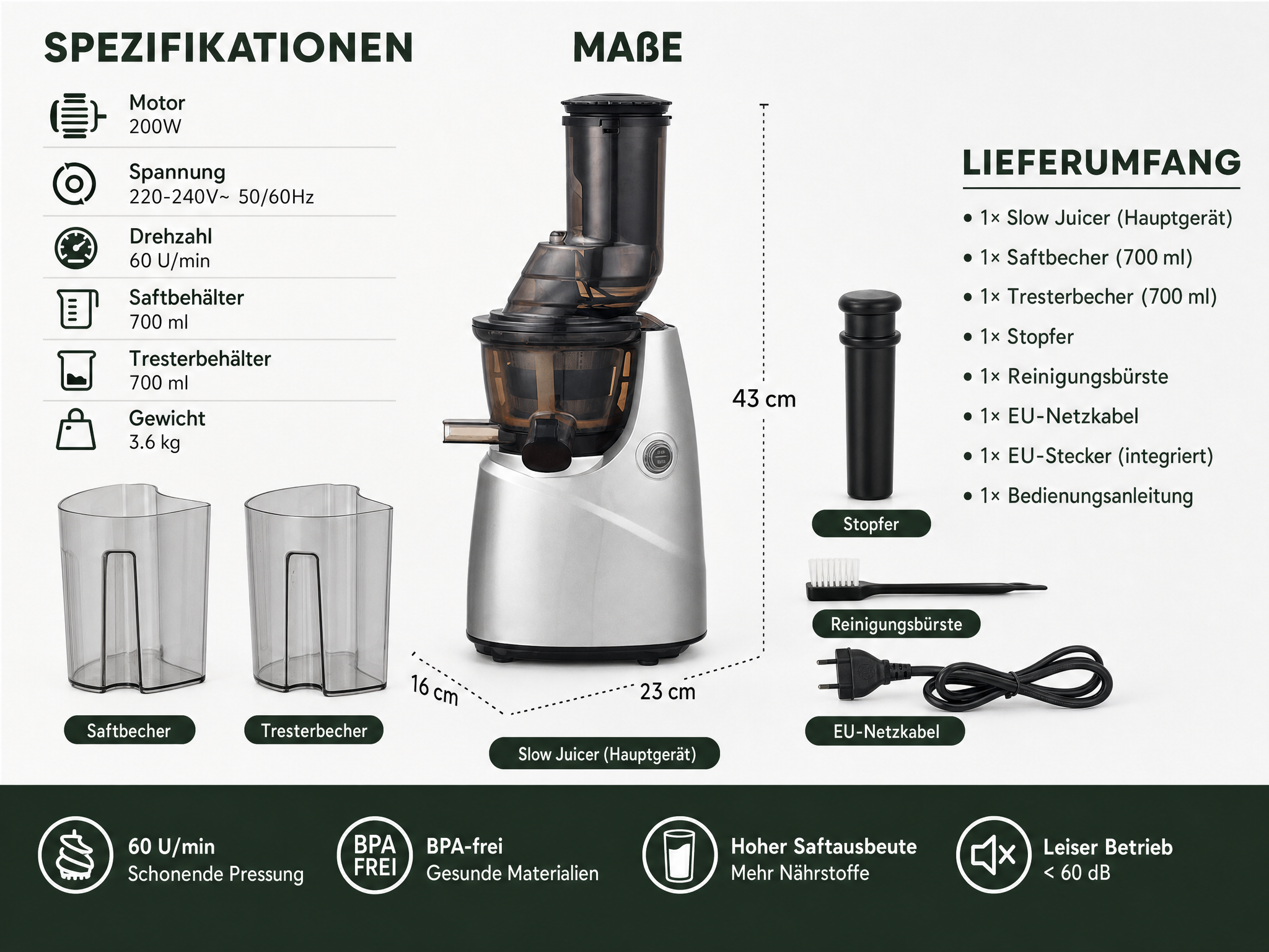 Slow Juicer mit Zubehör, technischen Daten und Maßen auf grauem Hintergrund.